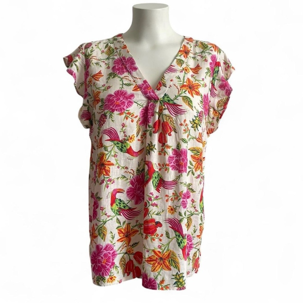 Rachel Zoe Toucan Tropical Floral Linen Blend Cruise Top XS NWT